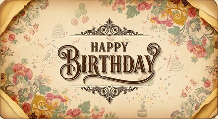 Happy birthday vintage floral card design template for celebration and greeting with cake balloons 100