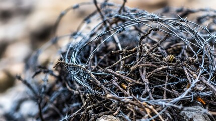 Close up view of tangled barbed wire and thorns