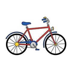 Colorful red bicycle with blue seat and yellow details on white background  