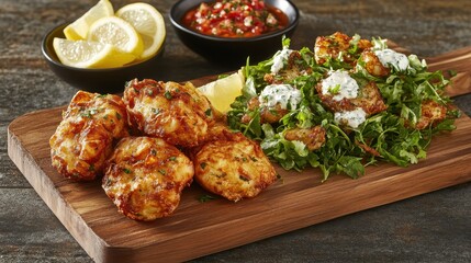 Close up of fish and chips served with lemon wedges