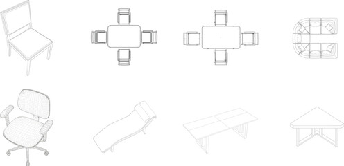 Diverse furniture line drawings and wireframe models