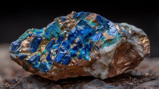 Close-up of copper ore with vivid oxidation colors, displayed on a dark background, contrasting blue-green patina against warm tones