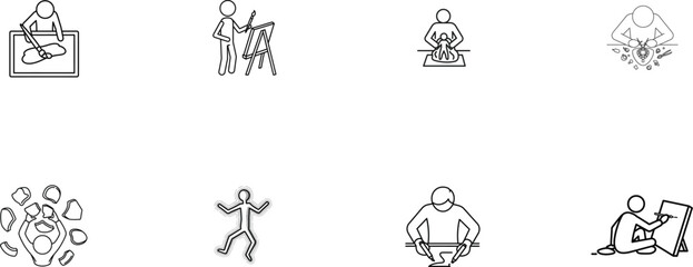 Eight line art icons representing diverse artistic and craft activities