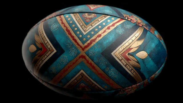 Ornate Decorative Rugby Ball with Intricate Gold, Red, and Teal Designs on a Black Background for Sports and Artistic Concepts