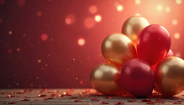 Red, gold balloons on wooden surface. Party decoration with confetti. Celebration design, anniversary greeting card, birthday banner template. Festive background suitable for holiday special events