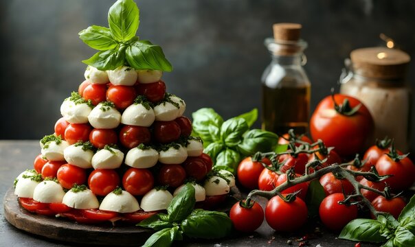 Caprese salad arranged as a festive christmas tree, featuring cherry tomatoes, fresh mozzarella balls, and basil leaves on a rustic cutting board - Powered by Adobe