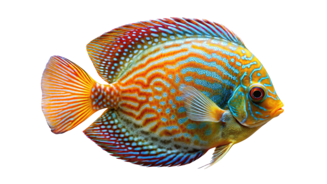 Vibrant tropical discus fish with striking colors and patterns isolated on transparent background