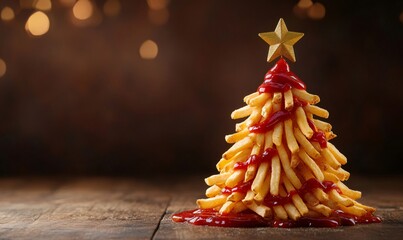 French fries forming a creative christmas tree, topped with red ketchup and a shining golden star on a rustic wooden table