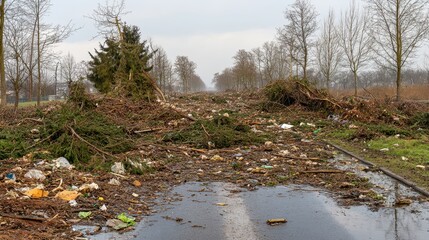 Debris and fallen branches covering a wet path through a cleared forest area with piles of waste scattered on the ground