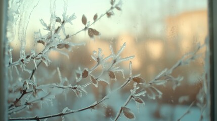 Delicate frost crystals form intricate patterns on bare tree branches in the soft light of winter