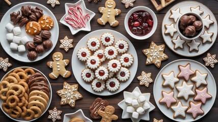 Festive Christmas cookies and holiday treats arranged beautifully on rustic wooden table bringing holiday cheer to your home this winter season