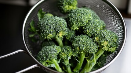 Fresh vibrant broccoli florets in a metal colander closeup