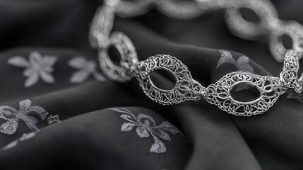 Fototapeta premium Delicate ornate silver filigree chain link jewelry resting on dark patterned fabric