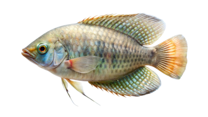 A detailed close up of a single tilapia fish with intricate scales and fins isolated on transparent background