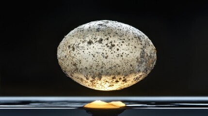 Close up texture of a speckled oval object with subtle light casting shadows on a dark surface