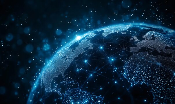 Global network forming connections across the illuminated earth, representing communication technology, internet, and big data transfer