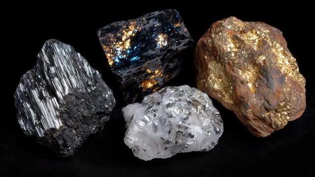 Close-up of lead and zinc ore samples, coarse and rough textures highlighted by angled lighting on a black backdrop
