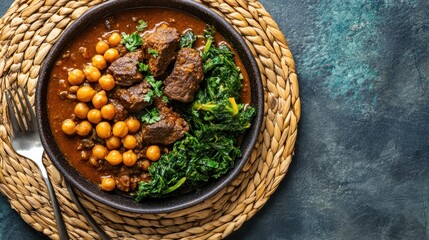 Delicious Ethiopian Injera with Beef Stew on a Woven Mat