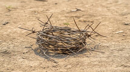 Coiled barbed wire on dusty ground under the sun
