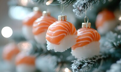 Salmon nigiri sushi ornaments decorating a frosted christmas tree, symbolizing fusion of traditional holiday and japanese cuisine