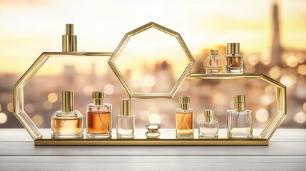 Collection of elegant perfumes displayed on a golden shelf