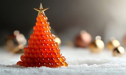 Red caviar forming a festive christmas tree shape, topped with a golden star, standing on white snow-like sugar