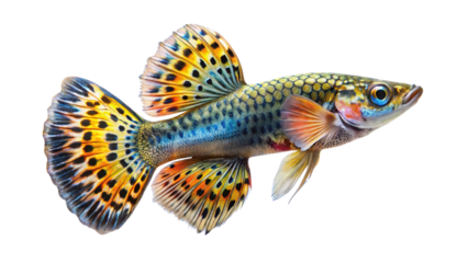 Vibrant male guppy fish with elaborate tail fins and colorful body isolated on transparent background