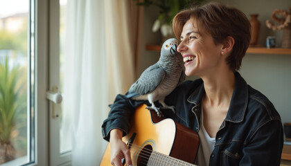 Happy woman with parrot. Lady holds guitar smiles. Grey parrot sits on shoulder. Woman and pet enjoy music playing indoors. Loving relationship between owner and bird.