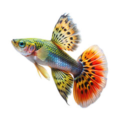 Fototapeta premium Vibrant male guppy fish with ornate fins and colorful scales isolated on transparent background