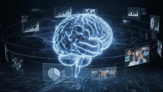 Glowing ethereal human brain immersed in a futuristic interface displaying statistical graphs business metrics and complex data analysis networks - Powered by Adobe
