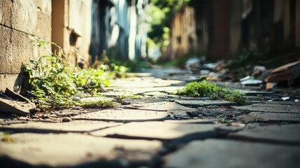 Cracked asphalt pathway with weeds and decay in urban environment