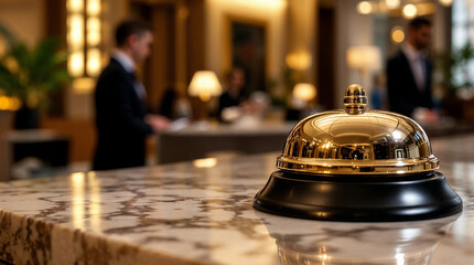 Close-up of hotel reception service bell on counter