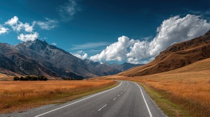 Scenic highway winding through golden grasslands and majestic mountains under a bright blue sky with fluffy clouds