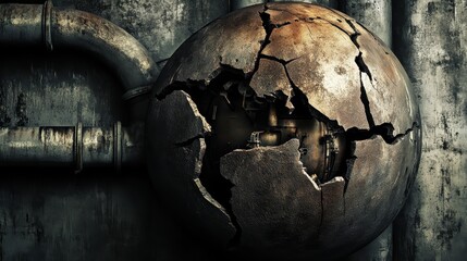 Cracked and Rusted Metal Sphere Depicting a Damaged Globe