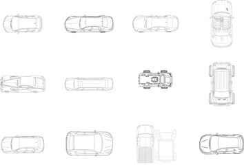 Assorted Car Top View Line Art With Vintage And Modern Models Keywords: car, automobile, vehicle
