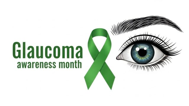 Green awareness ribbon with illustrated human eye and “Glaucoma awareness month” text on white background. Medical awareness concept for January campaigns and health education visuals