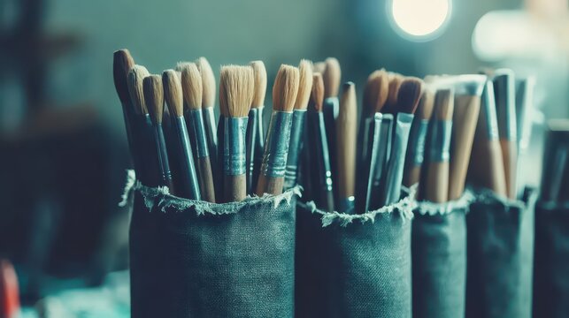 Collection of Paintbrushes and Art Tools in a Canvas Roll - Powered by Adobe