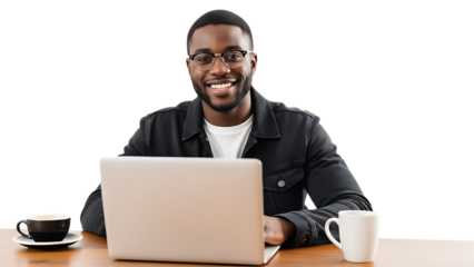 Smiling black man wearing glasses working on laptop with coffee