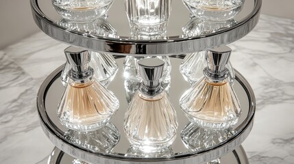 Display of luxury perfume bottles on mirrored shelf
