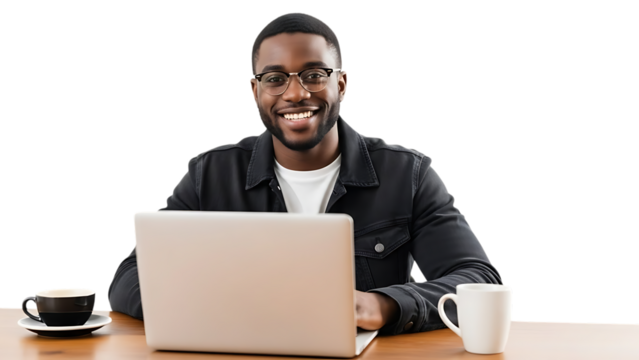 Smiling black man wearing glasses working on laptop with coffee - Powered by Adobe