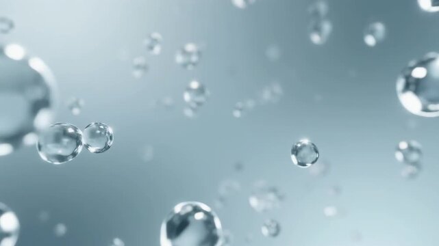 Abstract macro view of pure water droplets suspended in the air, creating a serene and clean scientific background with a shallow depth of field