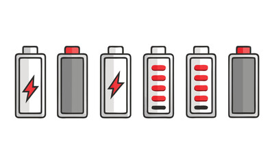 Set of battery icons in various colors, representing different charge levels and statuses..eps