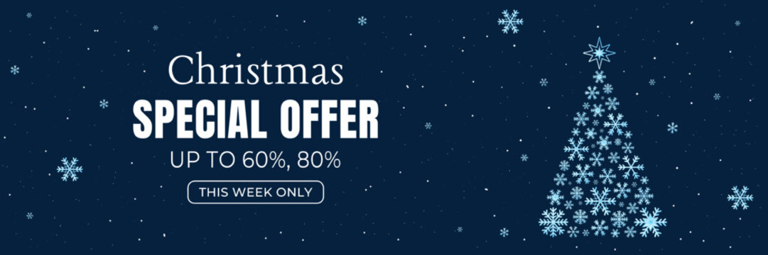 Christmas sale vector banner with snowflake tree, falling snow and bold discount text on a dark winter background. Perfect for holiday promotions, ads, websites and seasonal marketing designs.