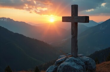 Wooden cross stands on mountain summit at sunrise. Scenic view with sun rays illuminates the landscape. Religious symbol represents faith hope and spirituality. Easter theme concept.