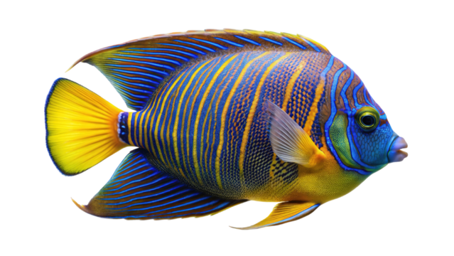 Vibrant regal angelfish with striking blue yellow and purple hues isolated on transparent background