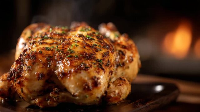 Close-up of sizzling roasted chicken freshly out of the oven, golden-brown surface textured with seasoning, smoke wafting in front of a dark backdrop