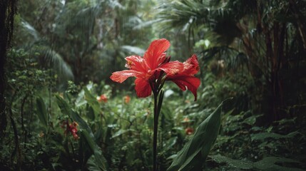 Bright red flower stands out in lush tropical forest during rainy weather showcasing nature's beauty