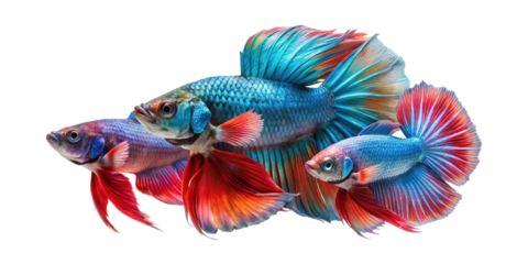 Vibrant siamese fighting fish with flowing fins in striking blue red and green colors isolated on transparent background