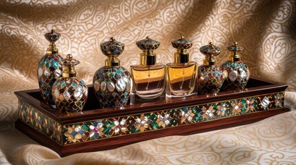 Luxurious perfumes on a walnut display shelf
