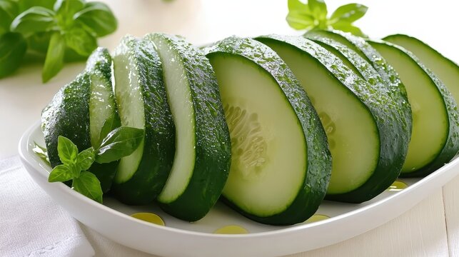 Freshly Sliced Cucumbers Glistening with Moisture on White Plate